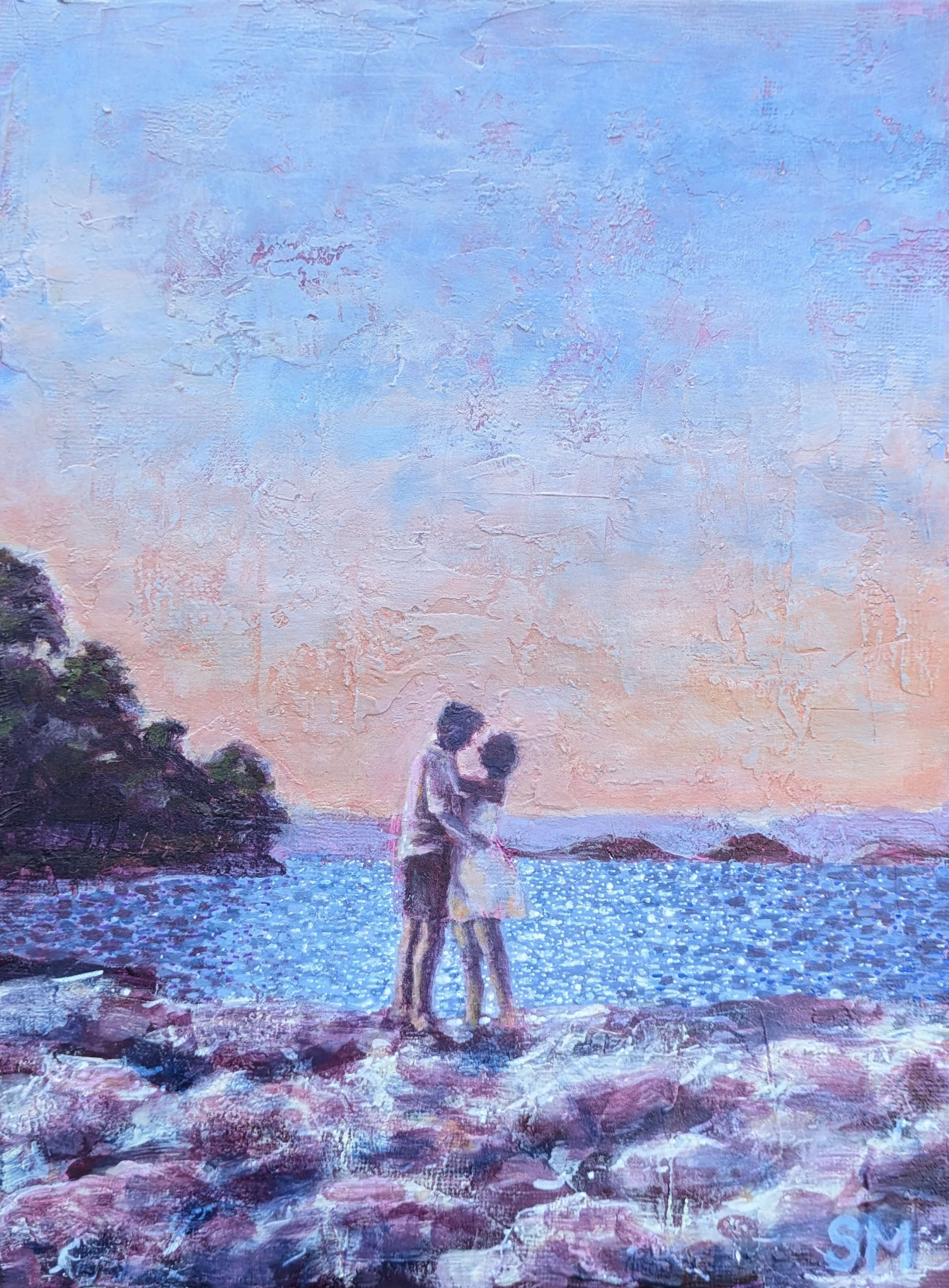 Painting of a couple embracing on a rocky shore with a sunset sky.
